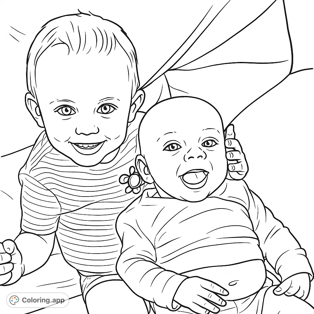 Capture the heartwarming bond of two smiling babies in this adorable line art. A free printable baby coloring page perfect for all ages.