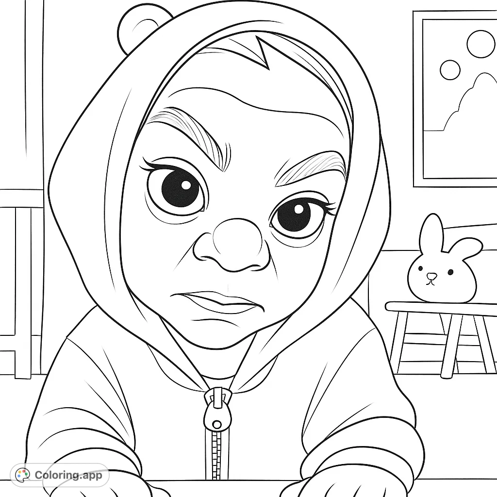 A charming yet stern baby in a cozy hoodie, ready for coloring. Features a grumpy expression and playful background elements like a bunny toy.