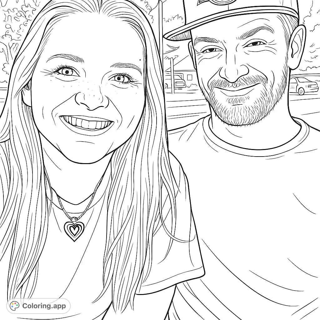 A heartwarming free printable coloring page featuring a smiling couple outdoors. Perfect for personalizing with vibrant colors, celebrating love and connection.