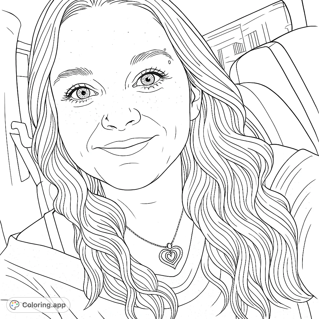 A beautiful portrait coloring page featuring a smiling young woman with long wavy hair and a heart necklace, perfect for creative expression.