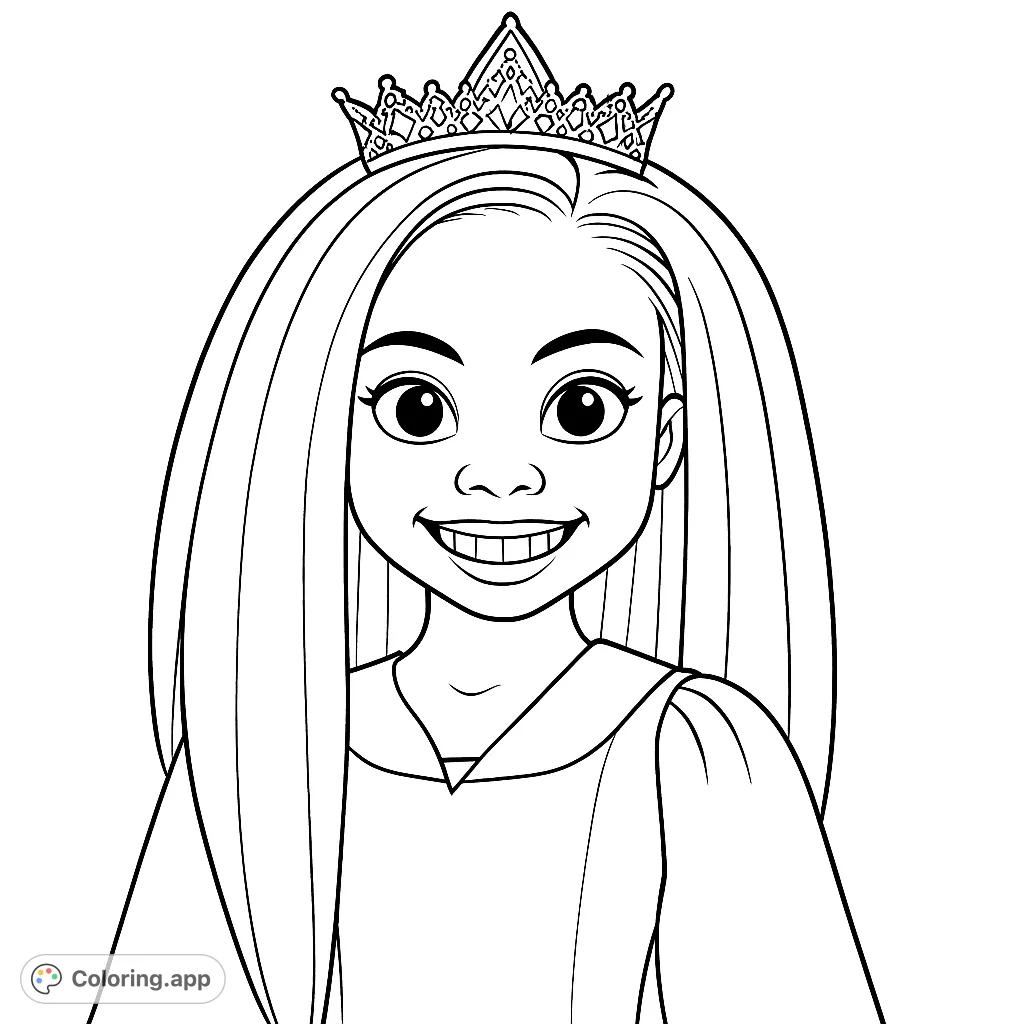 A delightful princess coloring page featuring a smiling girl with a detailed crown and long hair, perfect for creative fun and imaginative play.