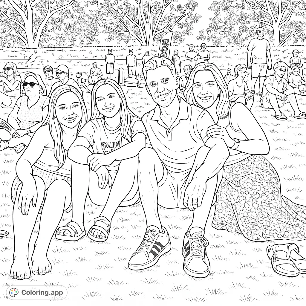 Capture the warmth of a family outdoor gathering. This free printable family gathering coloring page features a happy family amidst a lively crowd.