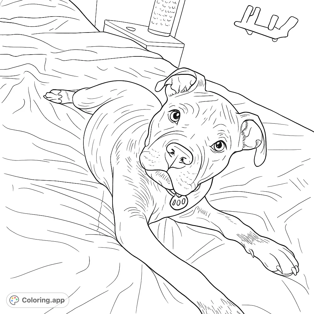 A charming pit bull-type dog lies on a rumpled bed, looking up with curious eyes. Perfect for dog lovers to color and relax.