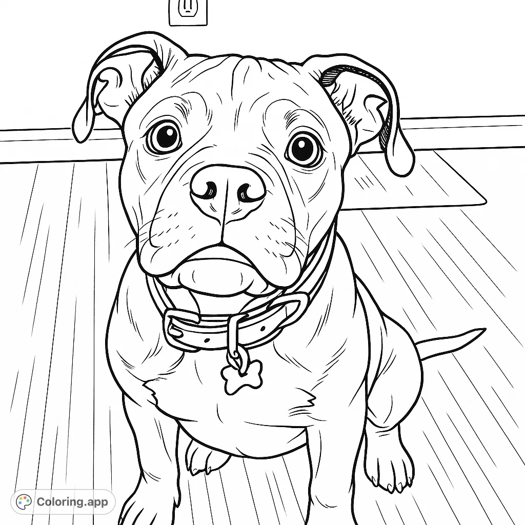 An adorable bulldog-type dog sits patiently, wearing a collar with a bone tag, ready for coloring. Perfect for dog lovers of all ages.