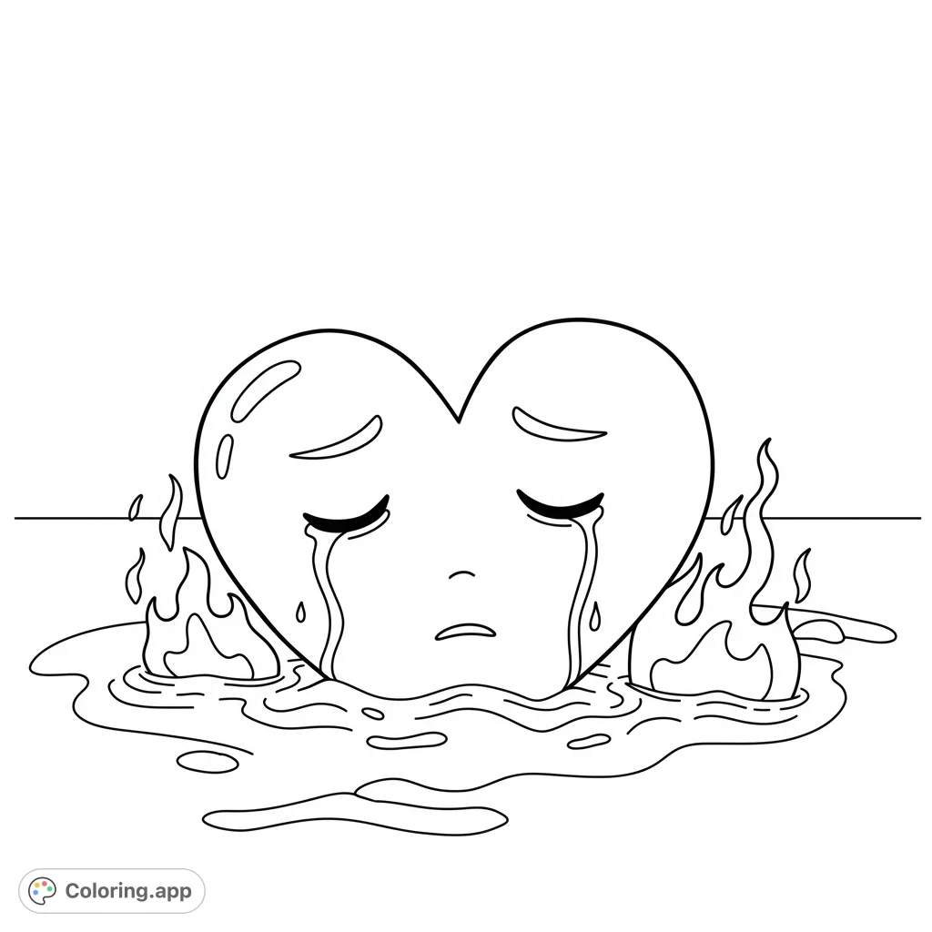 A poignant crying heart coloring page, surrounded by flames and tears. A free printable coloring page for emotional expression and reflection.