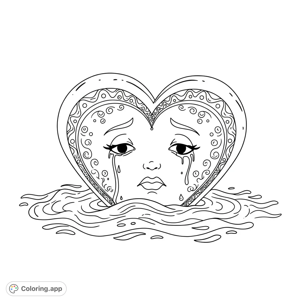 An emotional heart coloring page featuring a crying face, intricate patterns, and stylized tears, perfect for expressing feelings.