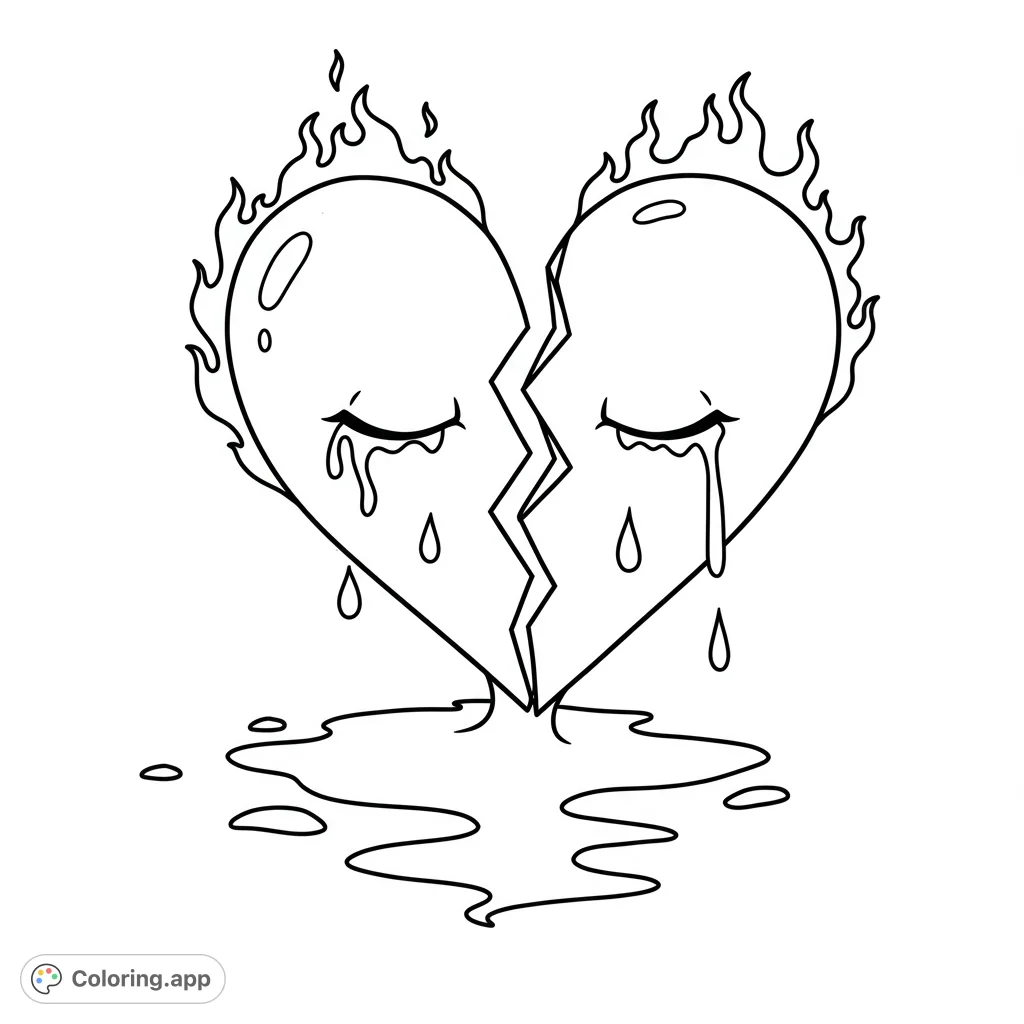 An expressive broken heart coloring page, split and aflame, with tears forming a puddle. A free printable coloring page for emotional expression.