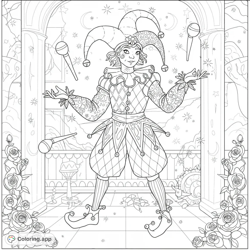 An intricate court jester coloring page featuring a playful jester in a patterned costume, juggling under a sky filled with stars and celestial elements.