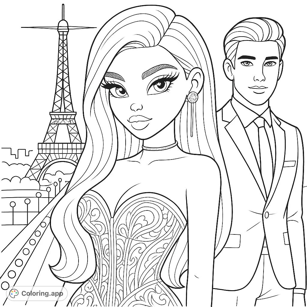 Elegant couple in Paris coloring page. Features a stylish woman and man with the Eiffel Tower in the background.