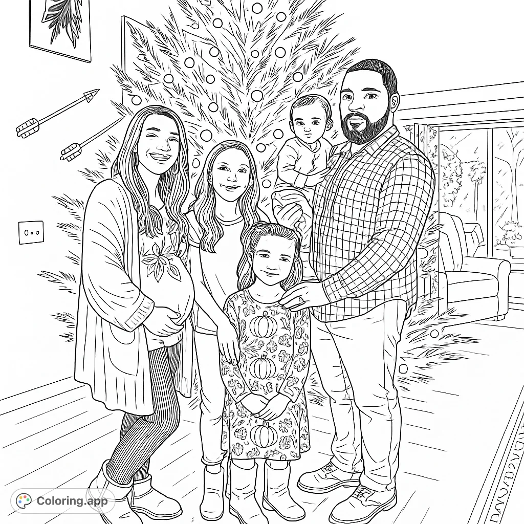 A heartwarming family portrait in front of a festive Christmas tree, perfect for holiday coloring fun. Celebrate the season with this free printable coloring page!