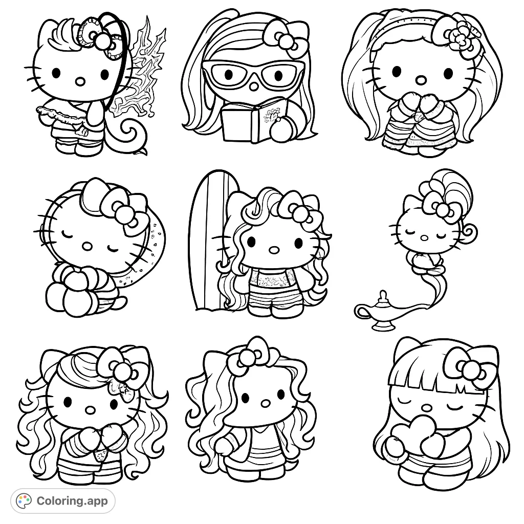 Nine adorable Hello Kitty characters in various poses and outfits, from a bookworm to a genie, perfect for creative coloring fun. Free printable!