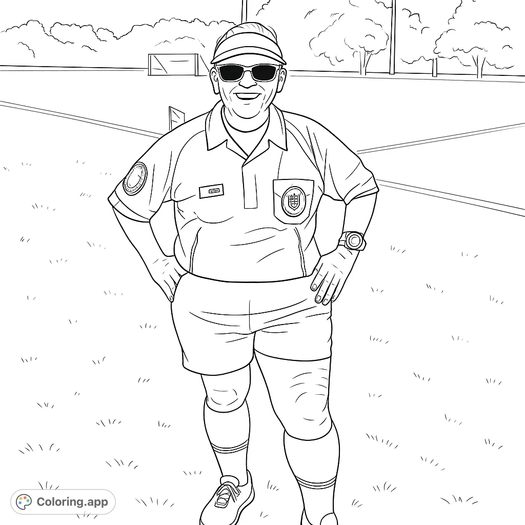 A confident soccer referee stands on the field, ready for action. This free printable sports coloring page is perfect for kids and adults.