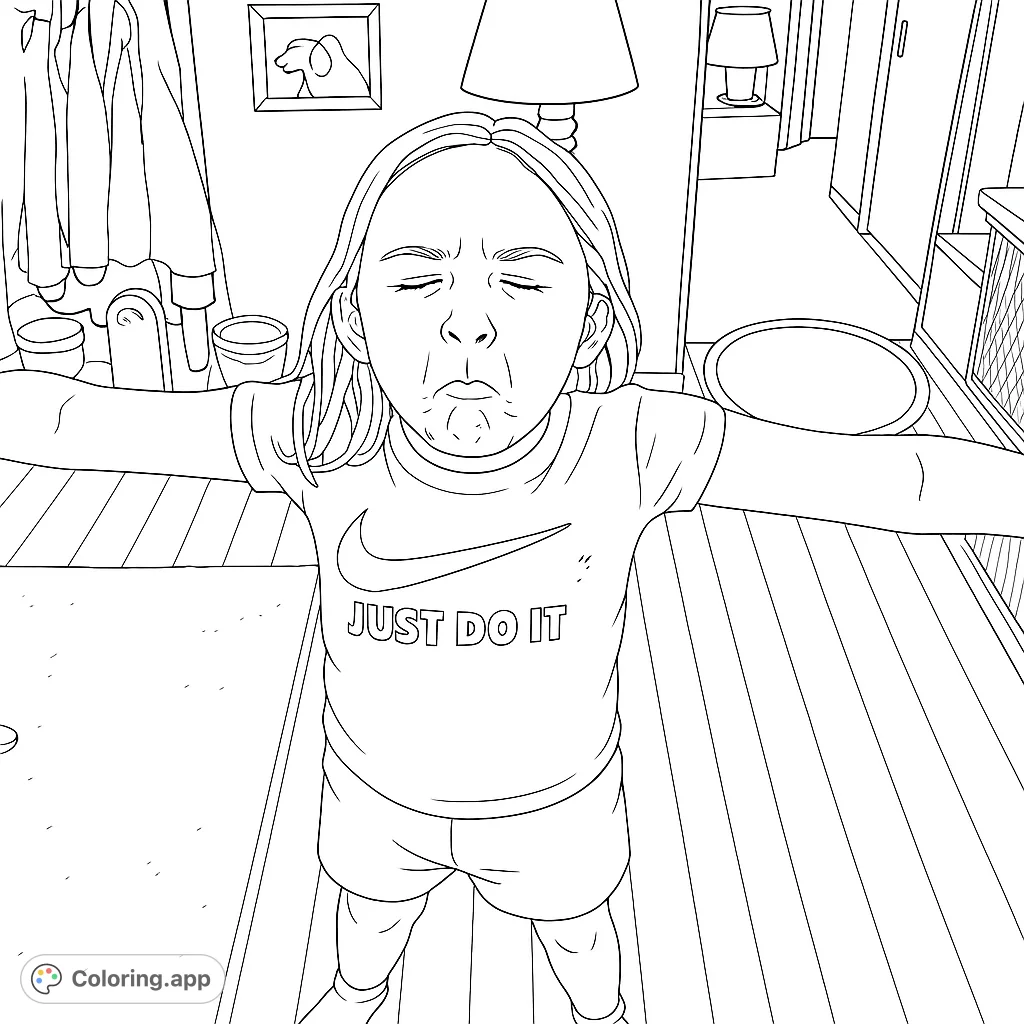 A hilarious funny face coloring page featuring a child with a scrunched expression and outstretched arms. A free printable coloring page for kids and adults.