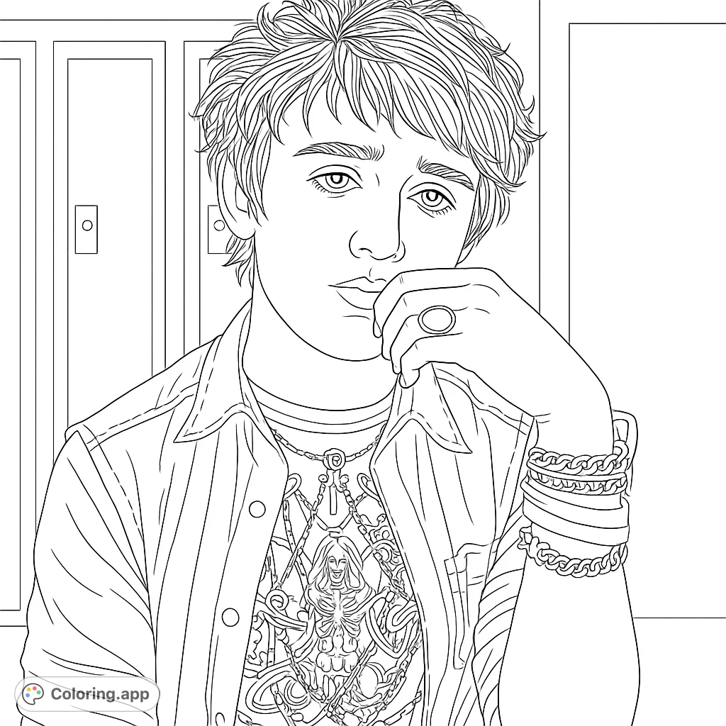 A captivating youth portrait featuring intricate chain details and a thoughtful gaze, perfect for a unique free printable coloring page.