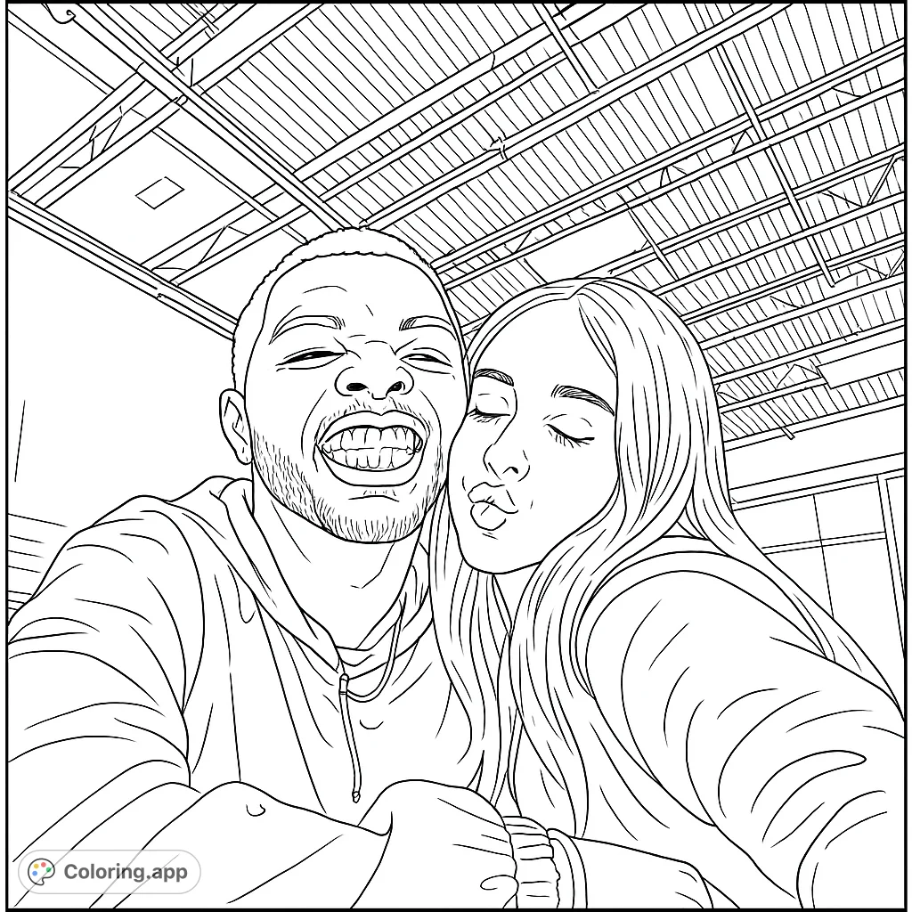 A heartwarming couple selfie coloring page featuring a joyful man and a woman sharing a sweet moment, perfect for free printable coloring fun.