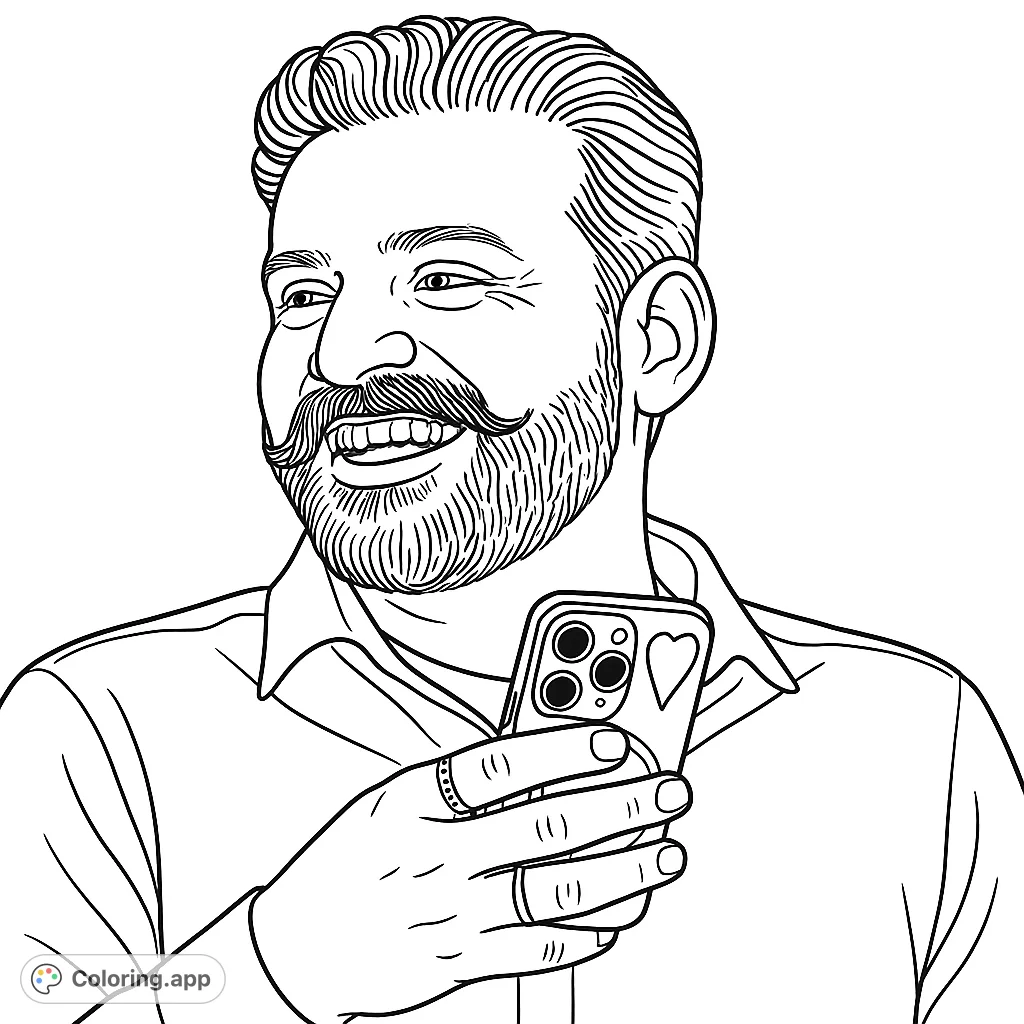 A cheerful man with a mustache and beard holds a smartphone, ready for a vibrant coloring experience. Perfect for all ages.