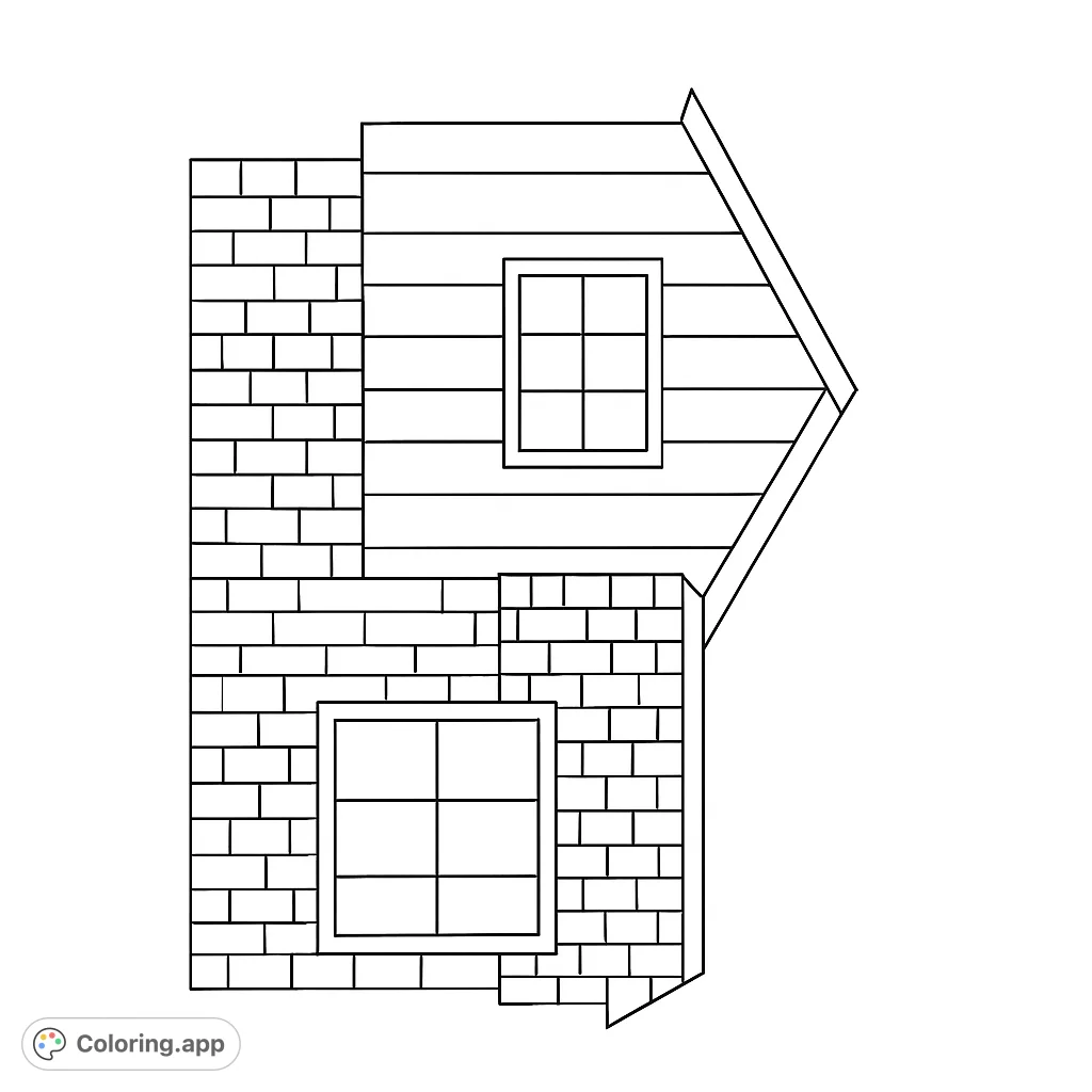 A charming house with detailed brick and siding textures, featuring two windows. Perfect for a relaxing coloring experience, bringing a cozy home to life.
