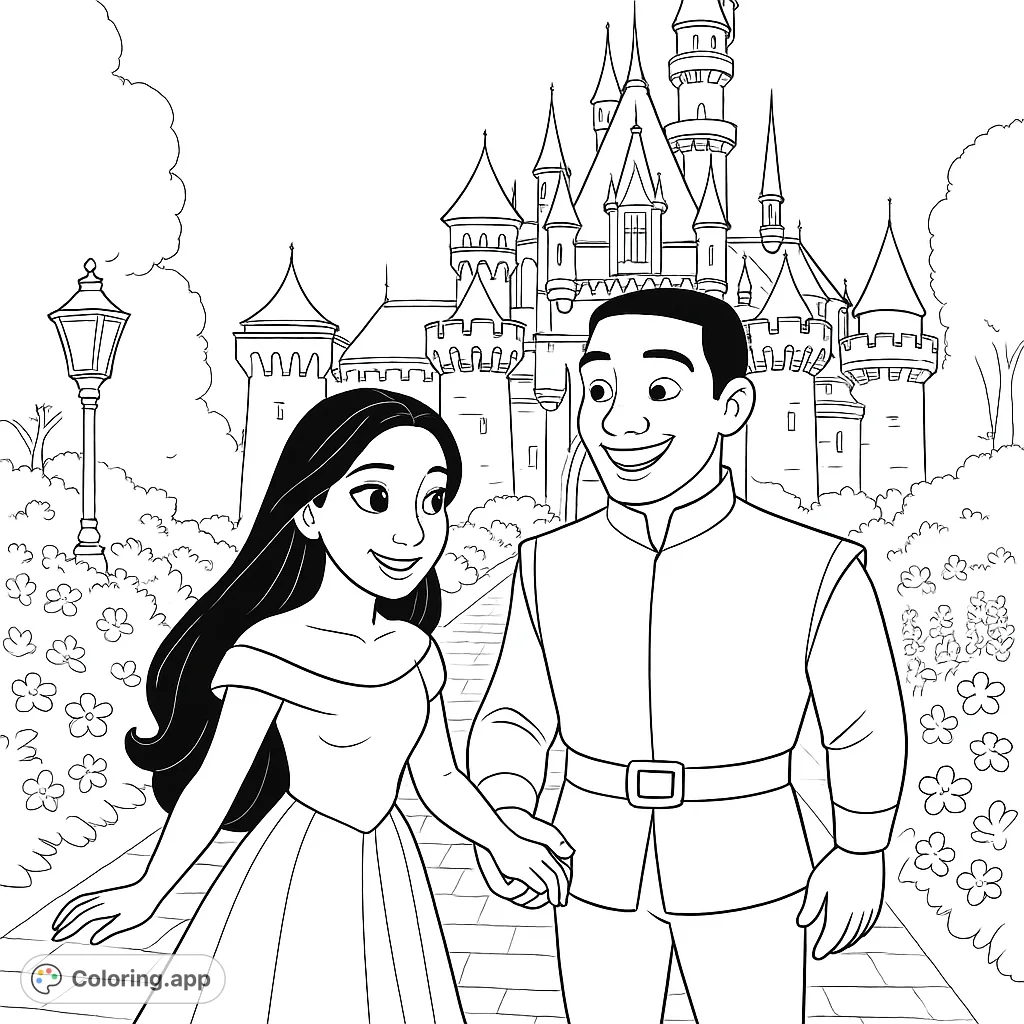 A charming fairytale coloring page featuring a princess and prince holding hands, walking towards a grand castle. Perfect for magical adventures!