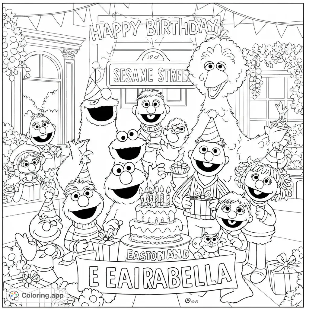 Celebrate with your favorite Sesame Street friends at a lively birthday party! Features Big Bird, Elmo, Cookie Monster, and more.