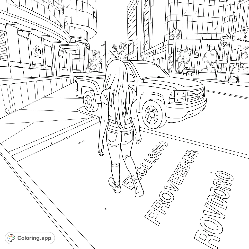 Explore a modern city street with a person walking, a pickup truck, and towering buildings. A detailed urban street coloring page for all ages.