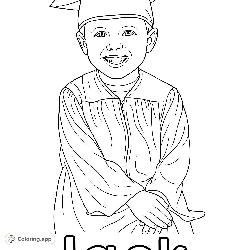 A joyful child in a graduation cap and gown, smiling brightly. This free printable graduation coloring page is perfect for celebrating achievements.