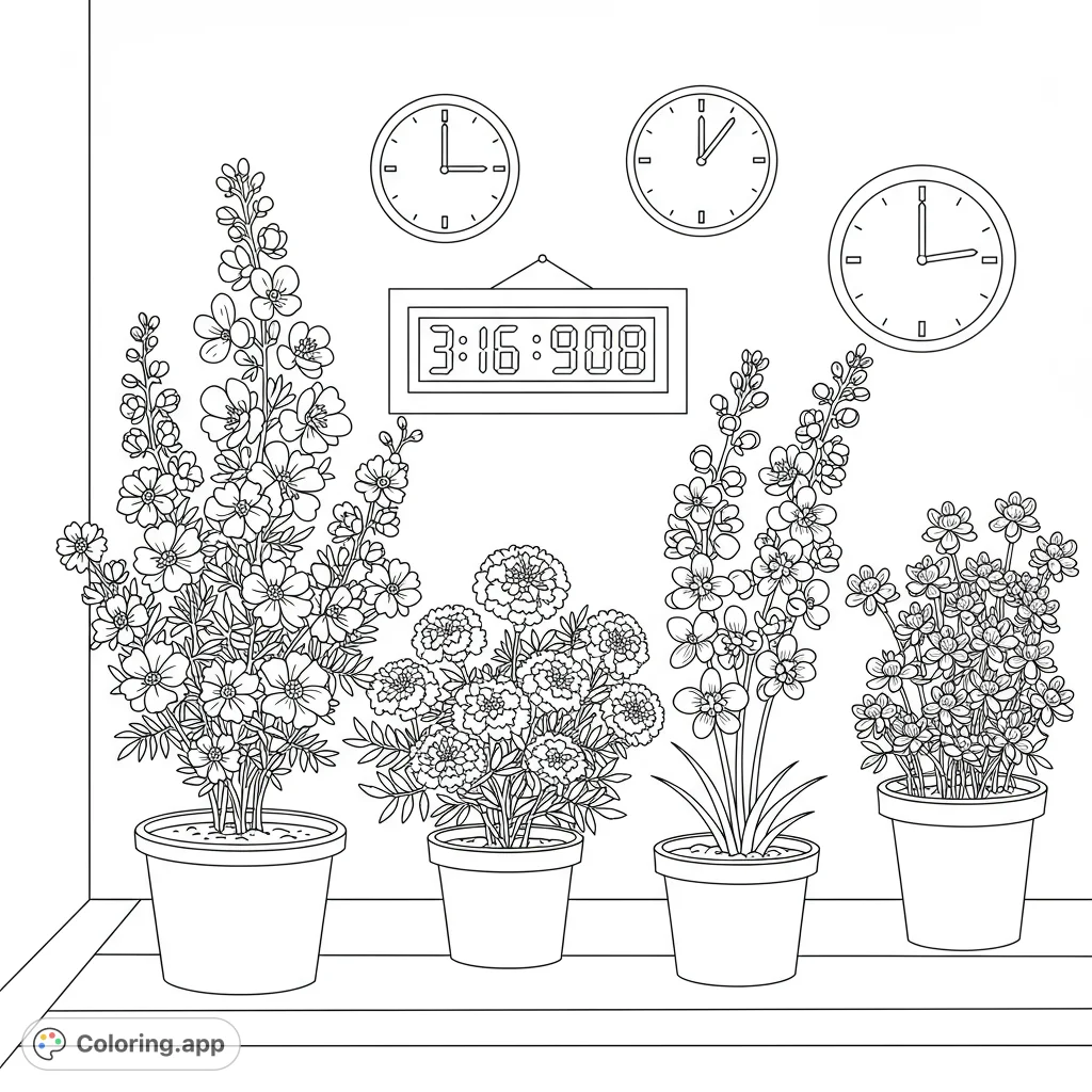 A charming free printable coloring page featuring four diverse potted plants and an array of clocks, perfect for nature and time enthusiasts.
