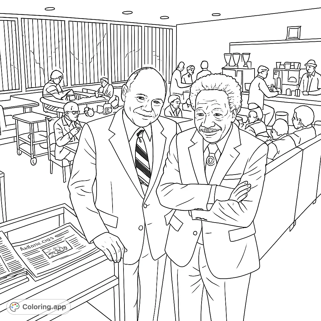 Two distinguished men in suits stand in a bustling diner, ready for a business meeting. A detailed scene for a relaxing coloring experience.