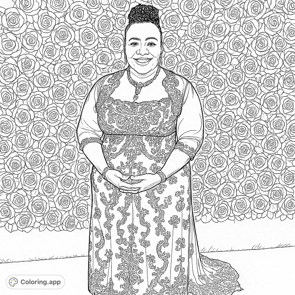 An elegant woman in an ornate dress stands before a beautiful rose wall, offering intricate details for a rewarding coloring experience.