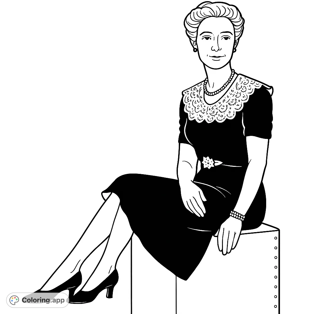 An elegant woman in a vintage dress with a detailed lace collar and pearls, seated on a block. A timeless fashion coloring page for all ages.