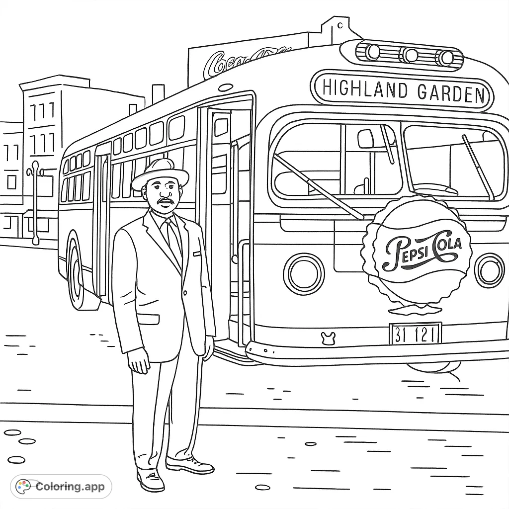 A powerful historic scene featuring a civil rights leader standing beside a vintage city bus, set on a detailed urban street. Perfect for history enthusiasts.