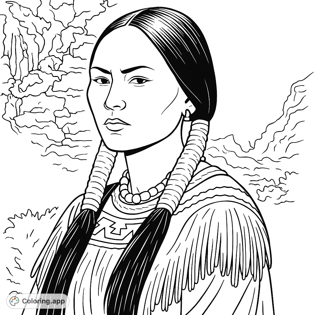 A striking Native American woman with braided hair and traditional attire, set against an abstract natural background. A powerful portrait.