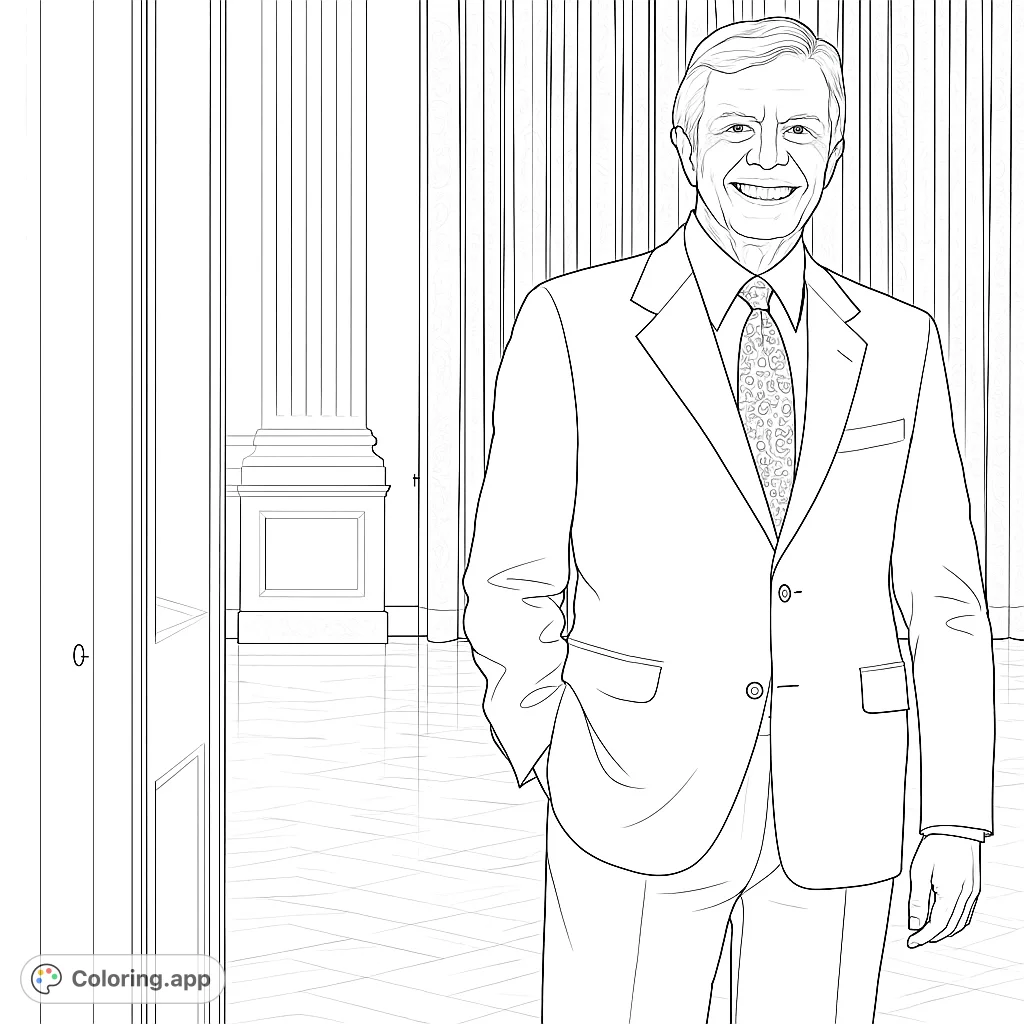 A distinguished man in a suit smiles in a grand hall, featuring intricate architectural details. A professional portrait coloring page for all ages.