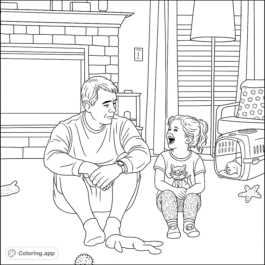 A heartwarming family coloring page featuring a dad and daughter playing on the floor with their dog in a cozy living room, perfect for all ages.