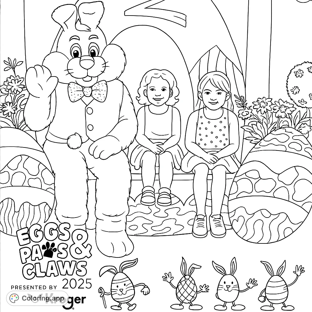 An adorable Easter Bunny with two happy children, surrounded by large decorated Easter eggs and spring flowers, perfect for a festive coloring activity.