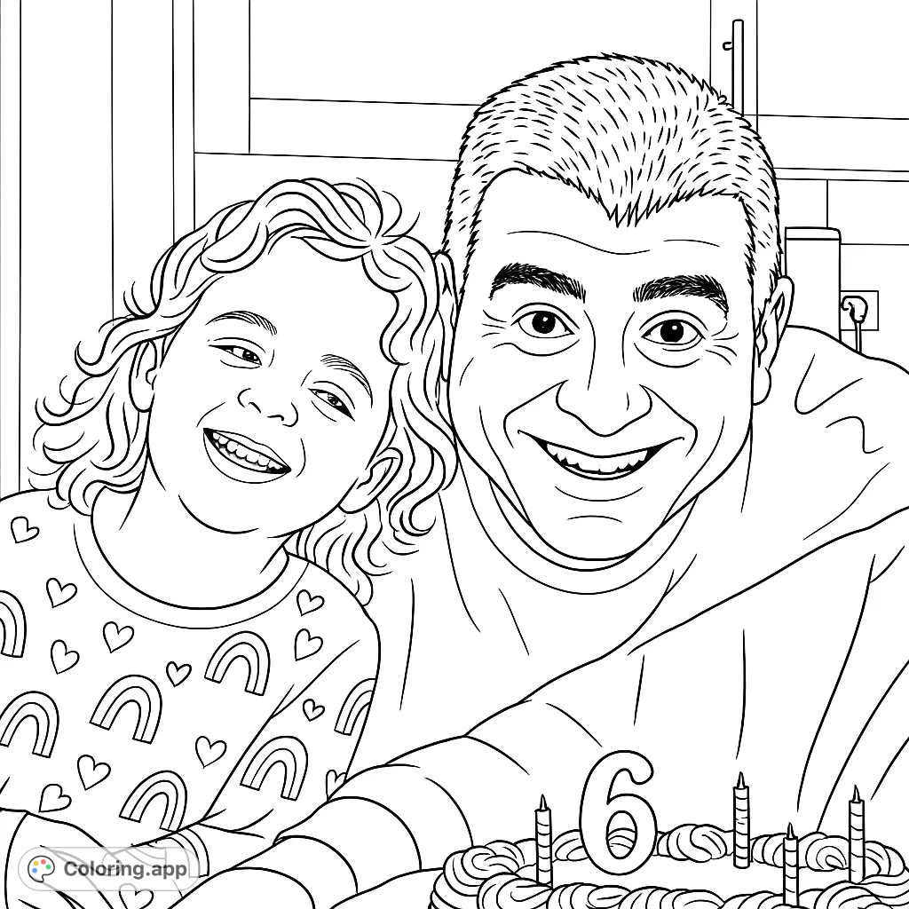 A joyful father and daughter celebrate a 6th birthday with a festive cake, perfect for a heartwarming family coloring page.