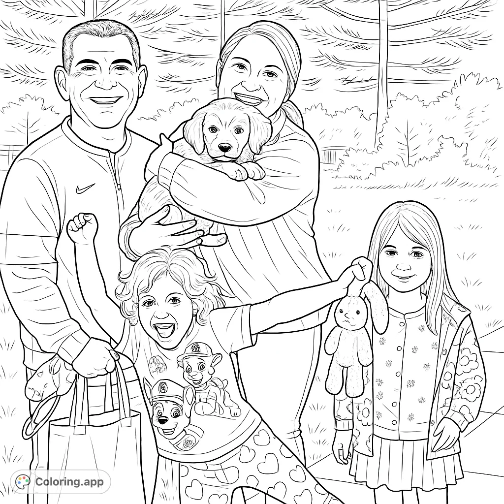 A joyful family of four with their adorable puppy outdoors. Perfect for a heartwarming family coloring page, free printable for all ages.