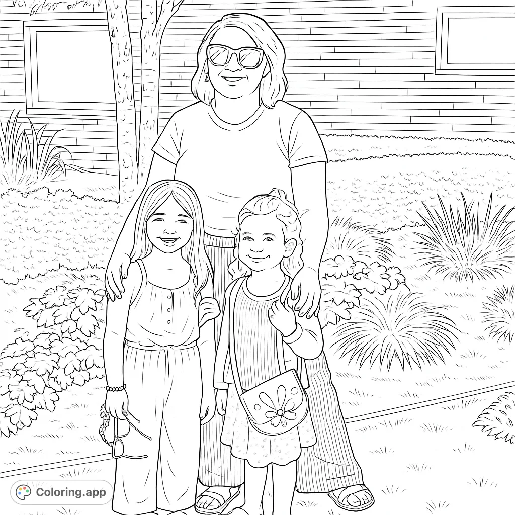 A heartwarming family portrait coloring page featuring a smiling mother and her two daughters outdoors, perfect for a free printable coloring page.