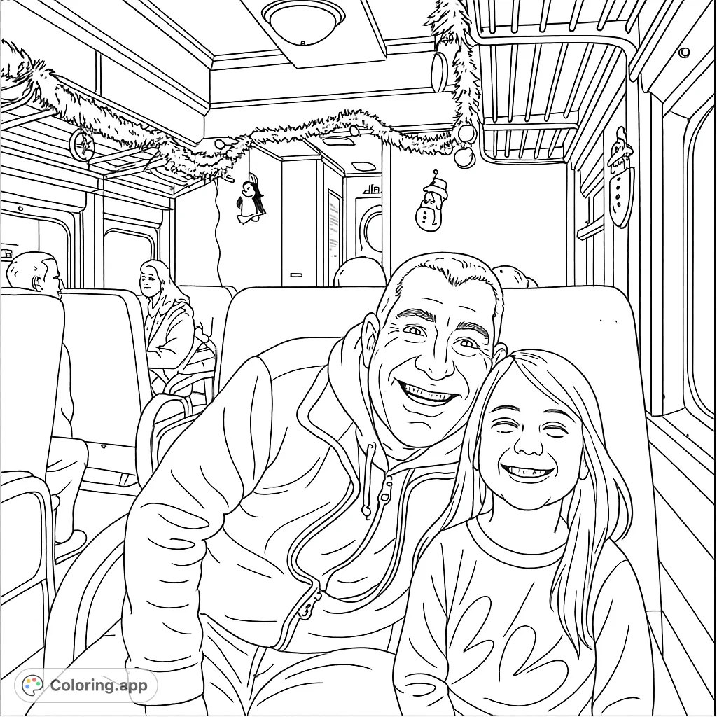 A heartwarming Christmas train coloring page featuring a smiling father and daughter amidst festive decorations. Perfect for holiday cheer.