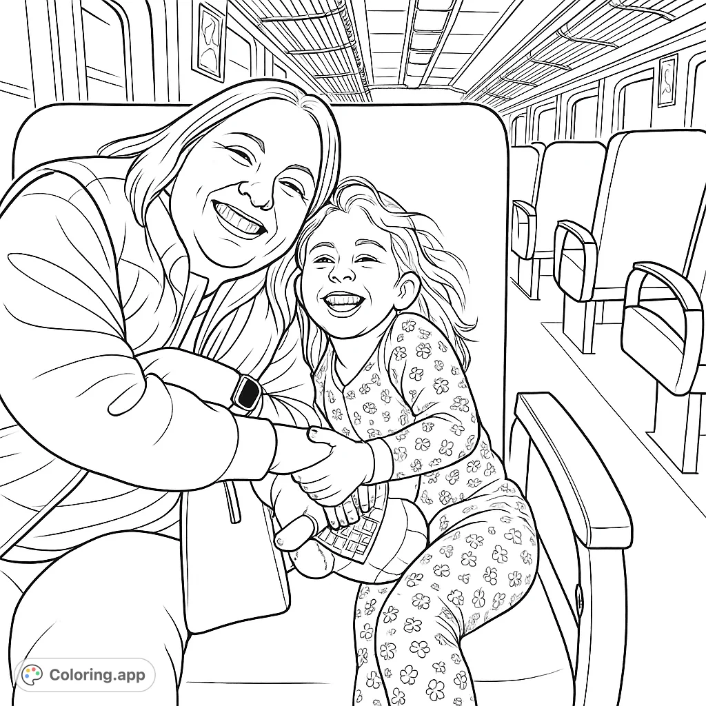 A heartwarming train journey coloring page featuring a smiling woman and child, perfect for family fun and creative expression.
