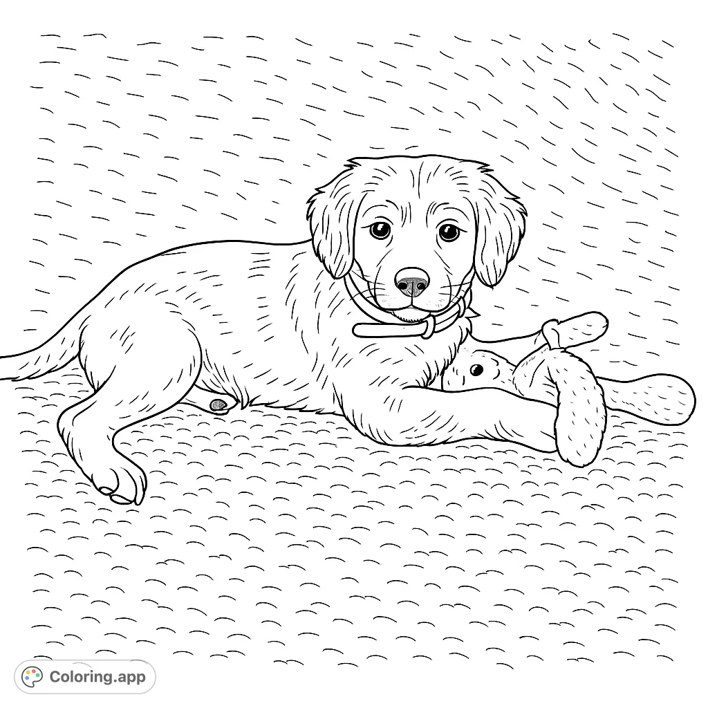 An adorable puppy with a collar, lying down and cuddling a plush bunny toy. A heartwarming free printable puppy coloring page for all ages.