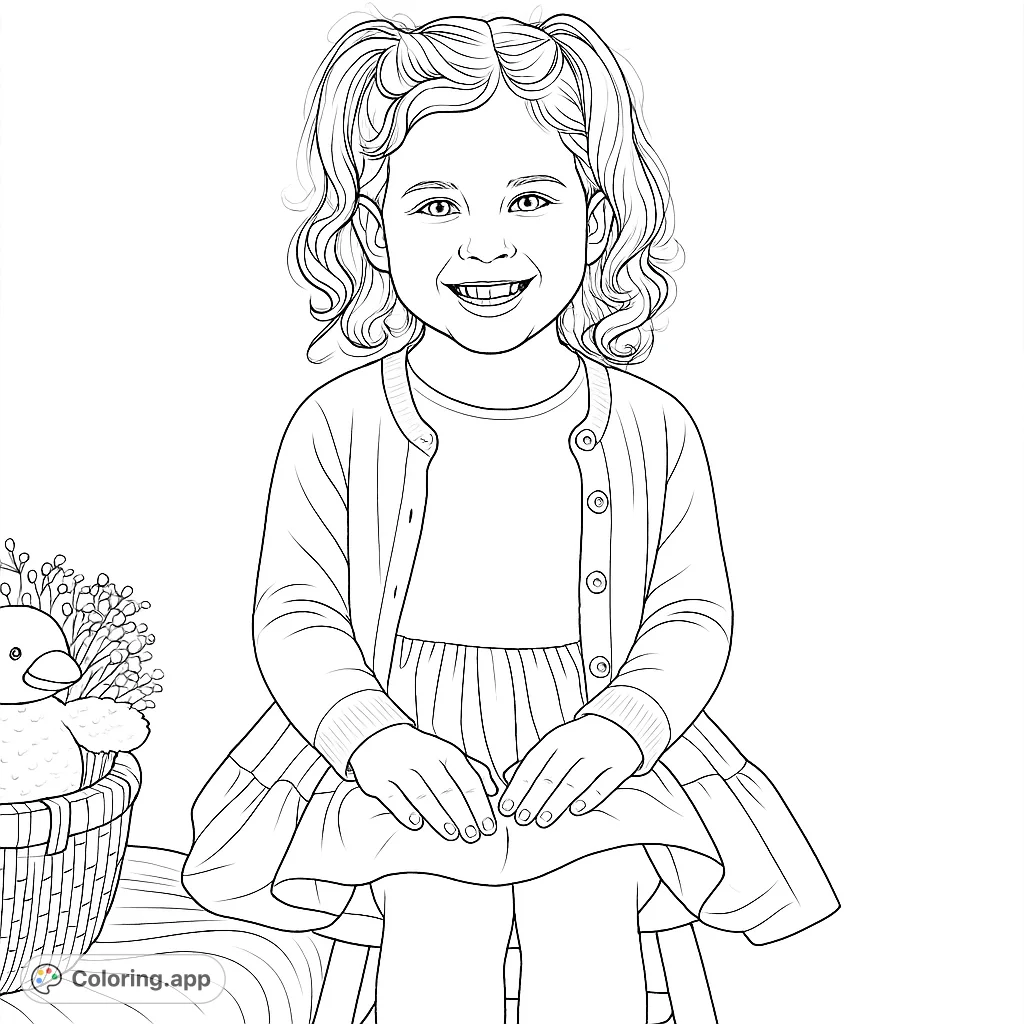 A charming child portrait coloring page featuring a smiling girl with pigtails and a duck toy. A free printable coloring page for kids and adults.