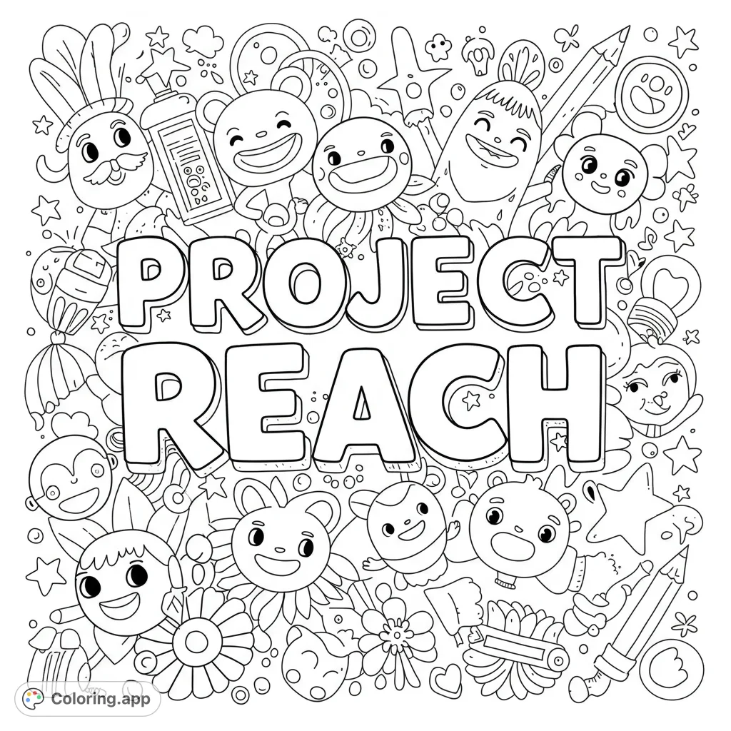 A vibrant doodle art coloring page bursting with cute, smiling characters, playful objects, and abstract shapes, perfect for creative expression.