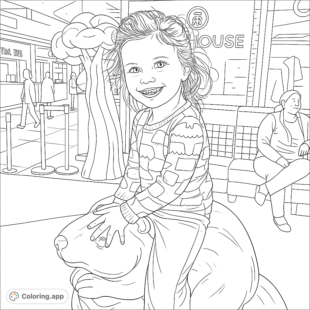 A joyful child smiles while sitting on a friendly animal statue in a bustling public space. Perfect for a free printable coloring page for kids.