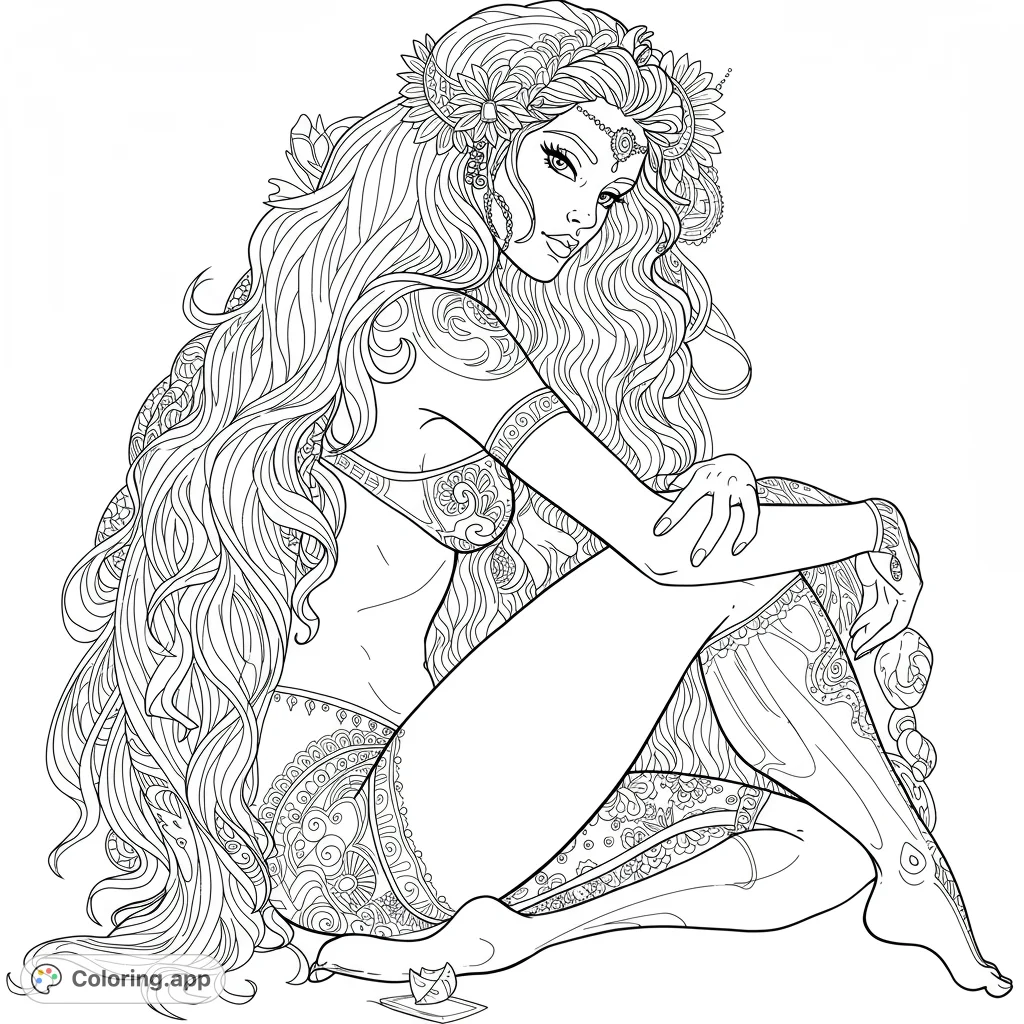 An intricate bohemian goddess coloring page featuring a woman with long, flowing hair and detailed mehndi-style patterns. A free printable coloring page for adults.