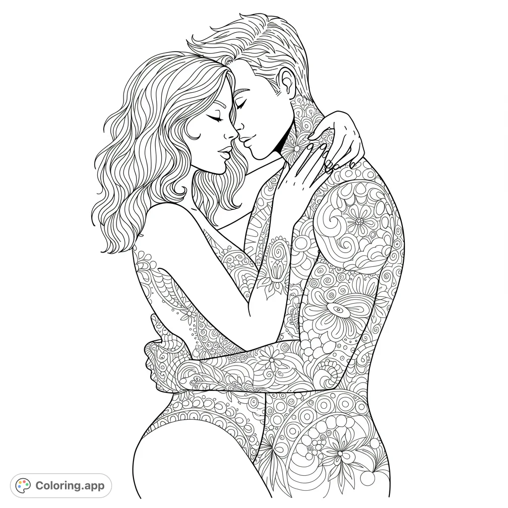 Intimate couple illustration for adults. Features a detailed black and white line drawing with clean lines and open spaces for coloring.