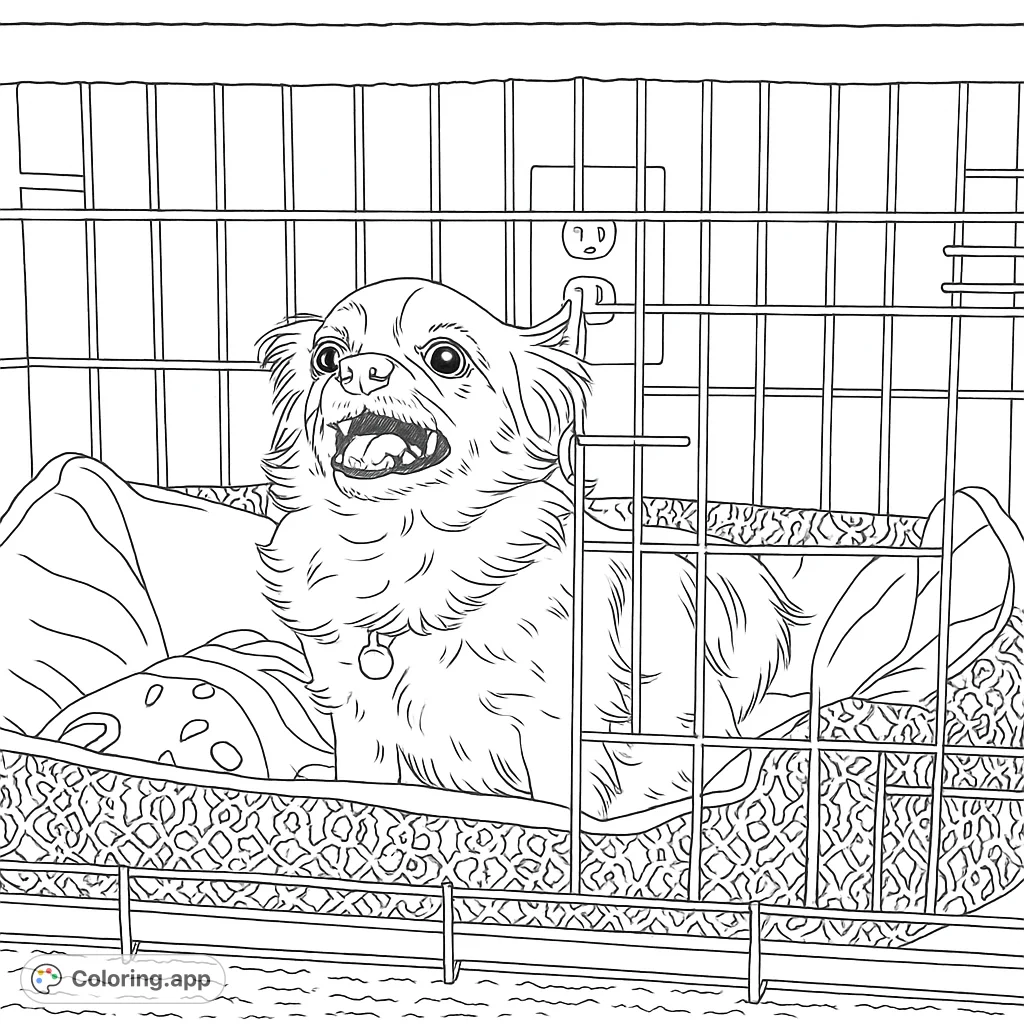 An adorable chihuahua in its cozy crate, barking playfully. A free printable dog coloring page perfect for pet lovers and kids.