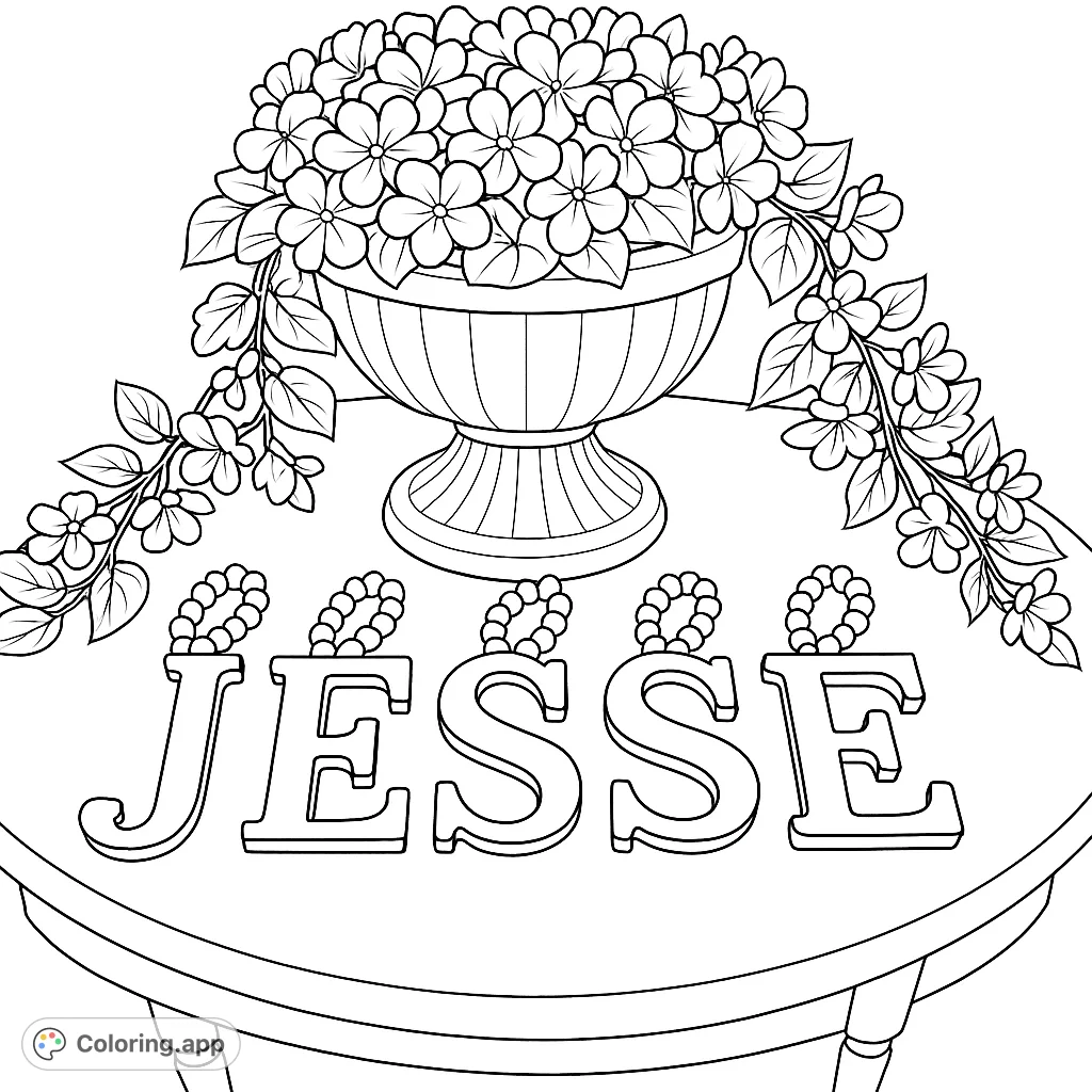 A charming floral vase brimming with flowers, accompanied by the name JESSE in bold letters on a table. A delightful personalized coloring page.