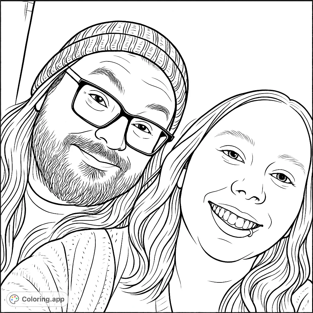 A heartwarming couple portrait coloring page featuring two smiling individuals, perfect for personalizing with your favorite colors. Free printable.