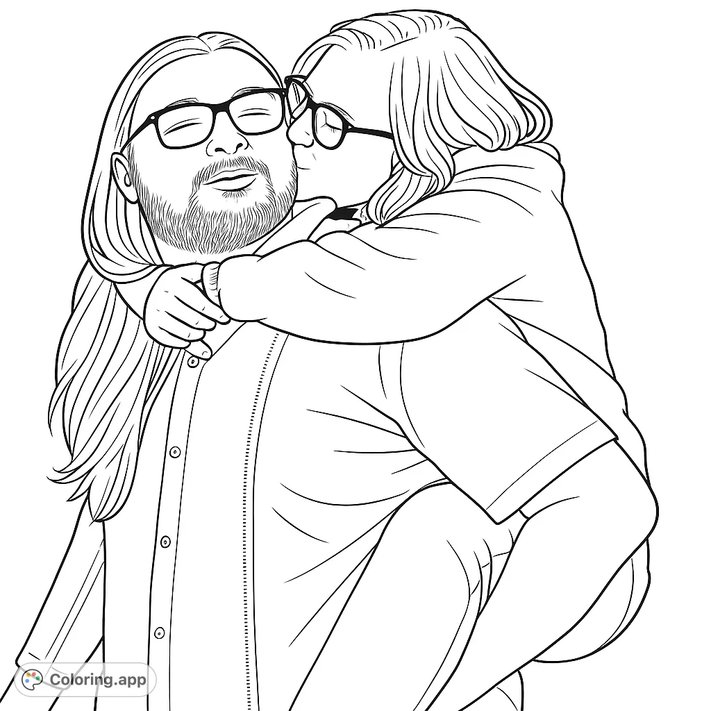 Capture a heartwarming moment with this couple's embrace coloring page, featuring a loving piggyback kiss. Perfect for celebrating affection and connection.