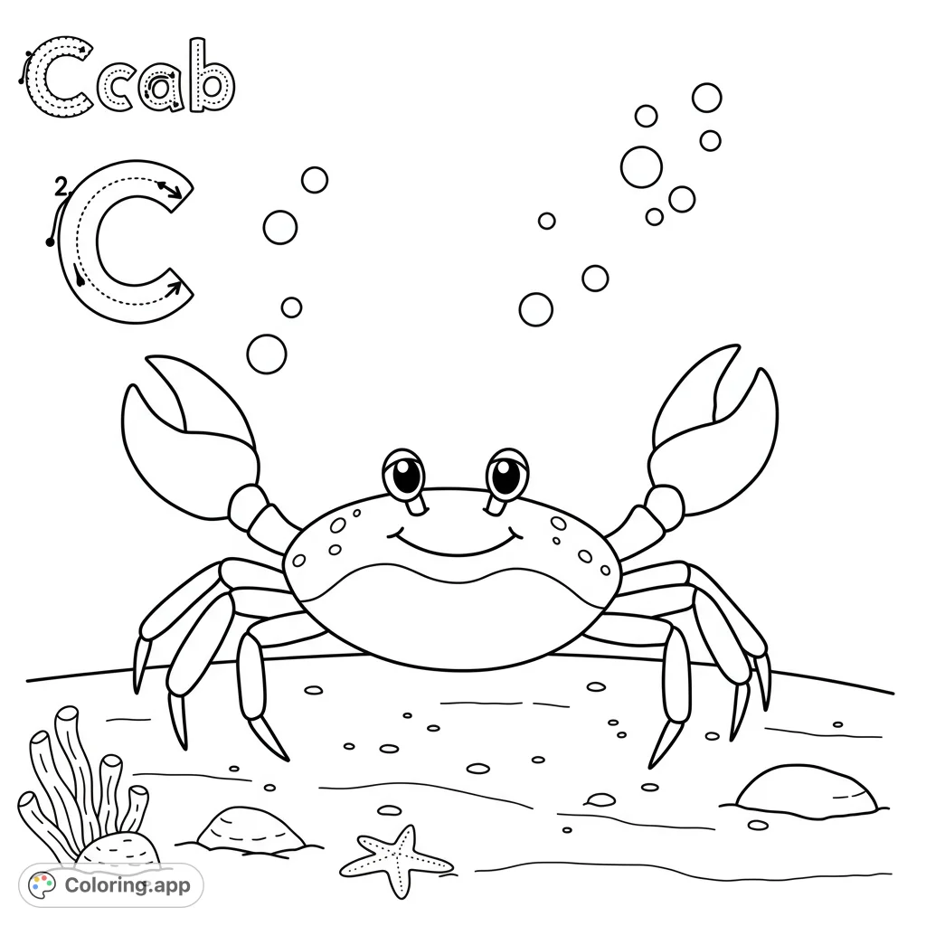 A cheerful crab smiles on the ocean floor, surrounded by seaweed, a starfish, and bubbles. A free printable crab coloring page for kids and adults.